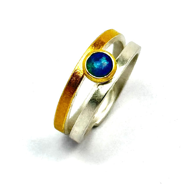 Silver and Gold Ring with round Opal