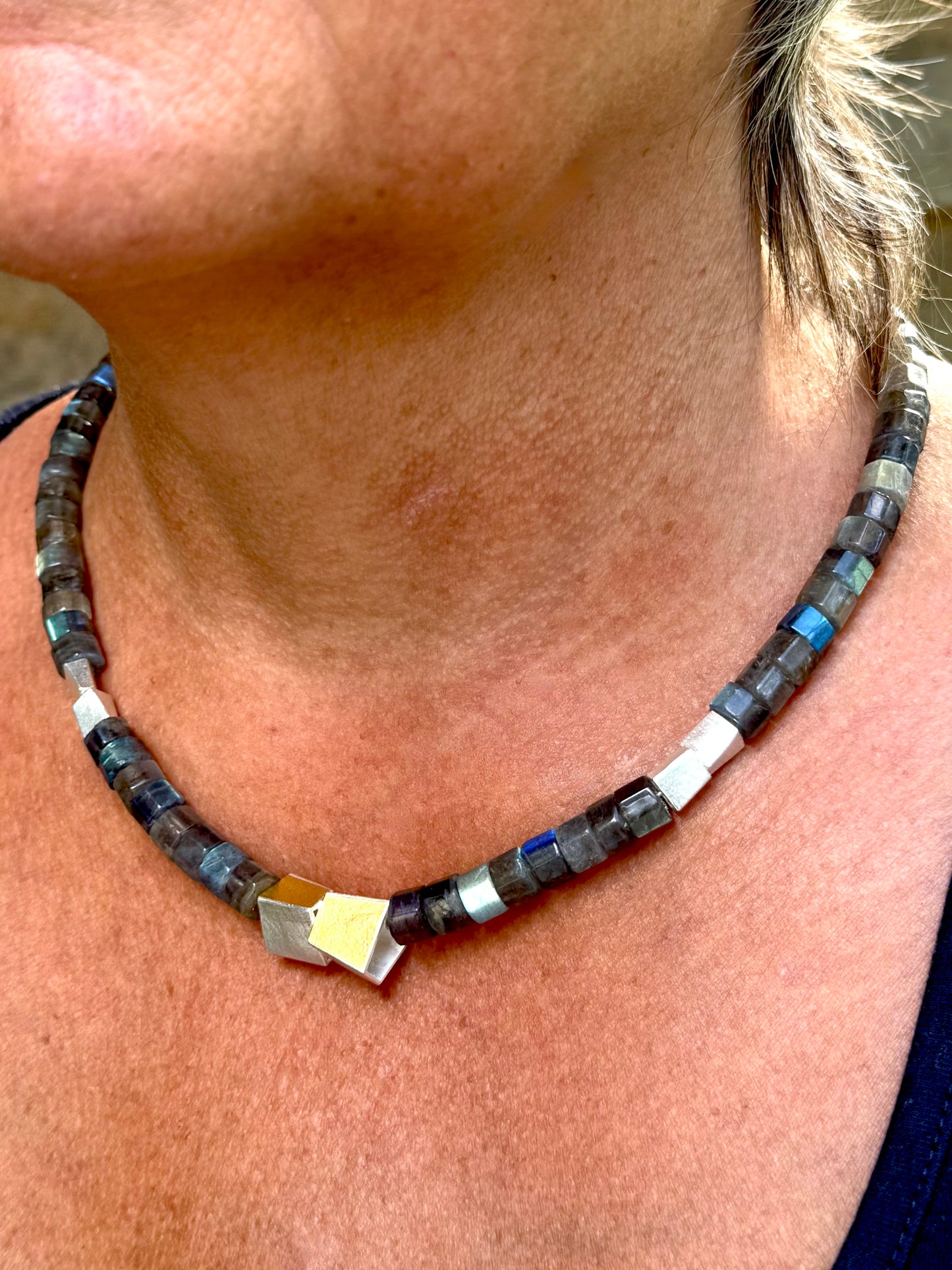 Labradorite Necklace with Silver & Gold Centrepiece
